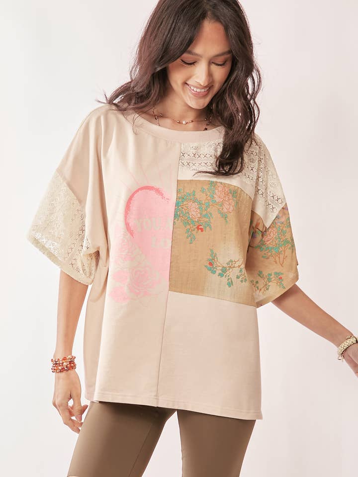 PATCH WORK MULTI FABRIC BODICE SHORT SLEEVE TOP for wholesale by Davi & Dani