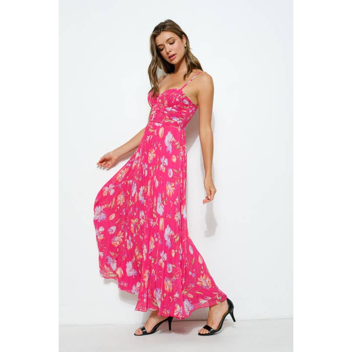 HOTPINK MULTI Floral Ruched Bustier Pleated Maxi Dress for wholesale on Faire