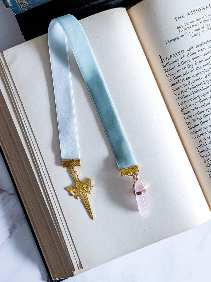 Fantasy High Fae Sword Gold Ribbon bookmark with charm and g for wholesale by Bookish Trinkets