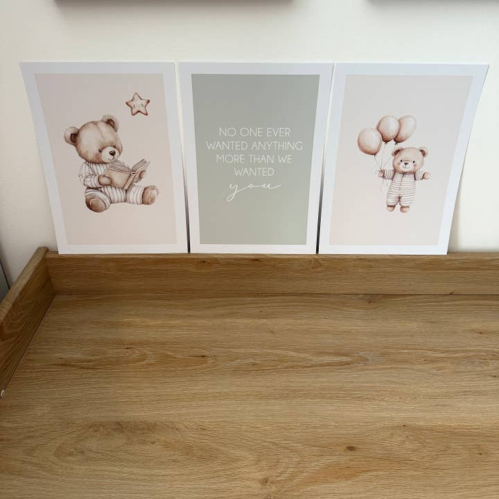 Set Of 3 Bear Netural Beige & Sage Green Watercolour Nursery Children's Boho Netural Room Wall Decor Print for wholesale by WinsterCreations™