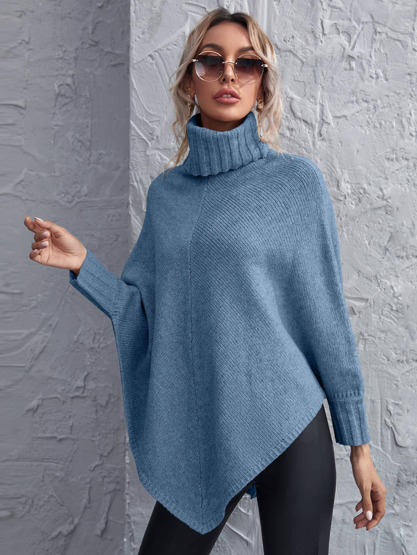 Queen Fashion - Wholesale Knit Sweater - Women's - turtleneck asymmetrical hem poncho sweater3