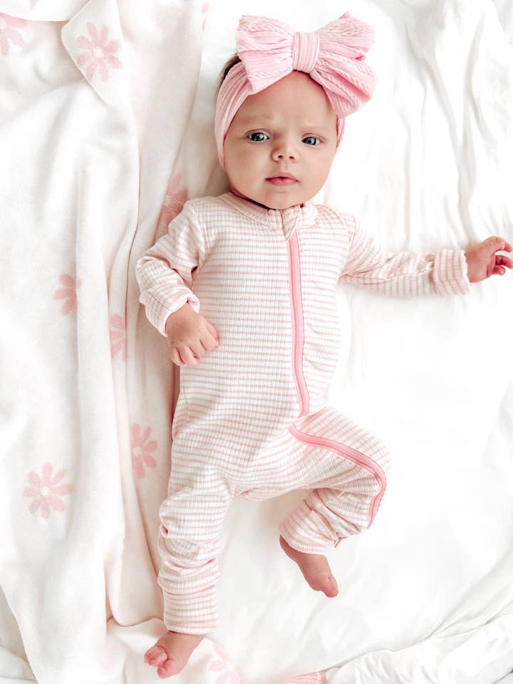 SIIX Collection - Wholesale Jumpsuit - Baby - Pink Stripe / Organic Ribbed 2-Way Zip Romper