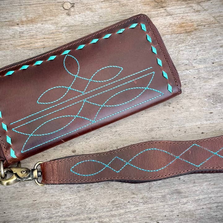 Southern Junkie Gypsy Boutique - Wholesale Wristlet - Leather Boot Stitch Zipper Wallet Wristlet Western Rodeo