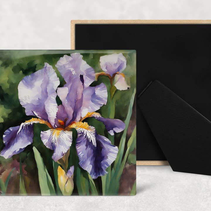 Sassy Talkin - Vente Affiche d'art - Carrelage artistique, FL, iris violet, 4 « x4", aquarelle, dos de chevalet