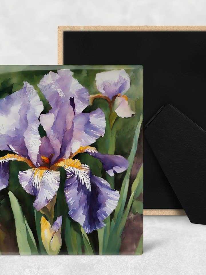 Kunstfliese, FL, Purple Iris, 10,2 x 10,2 cm, Aquarell, Staffelei, Rückseite für den Großhandel von Sassy Talkin