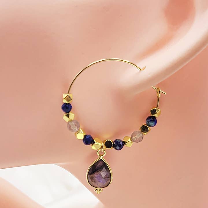 Shimla brass creole in labradorite and lapis lazuli for wholesale by Moira Bijoux Creation