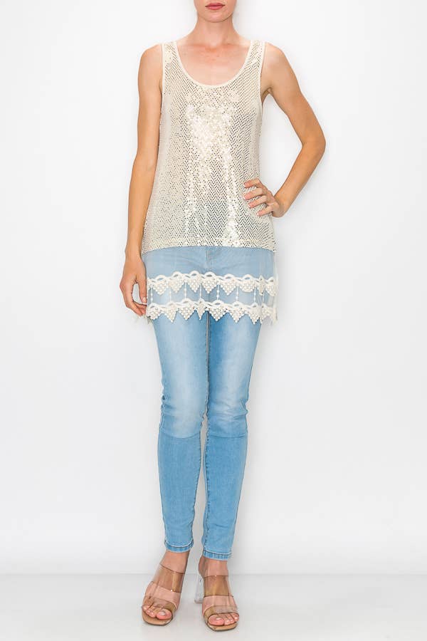 Origami Apparel ~  Lace and Crochet inspired – Großhandel Tanktop – Damen – GLITZERNES TANKTOP MIT SPITZENLAGE -T12 SCHWARZ ELFENBEIN BEIGE0