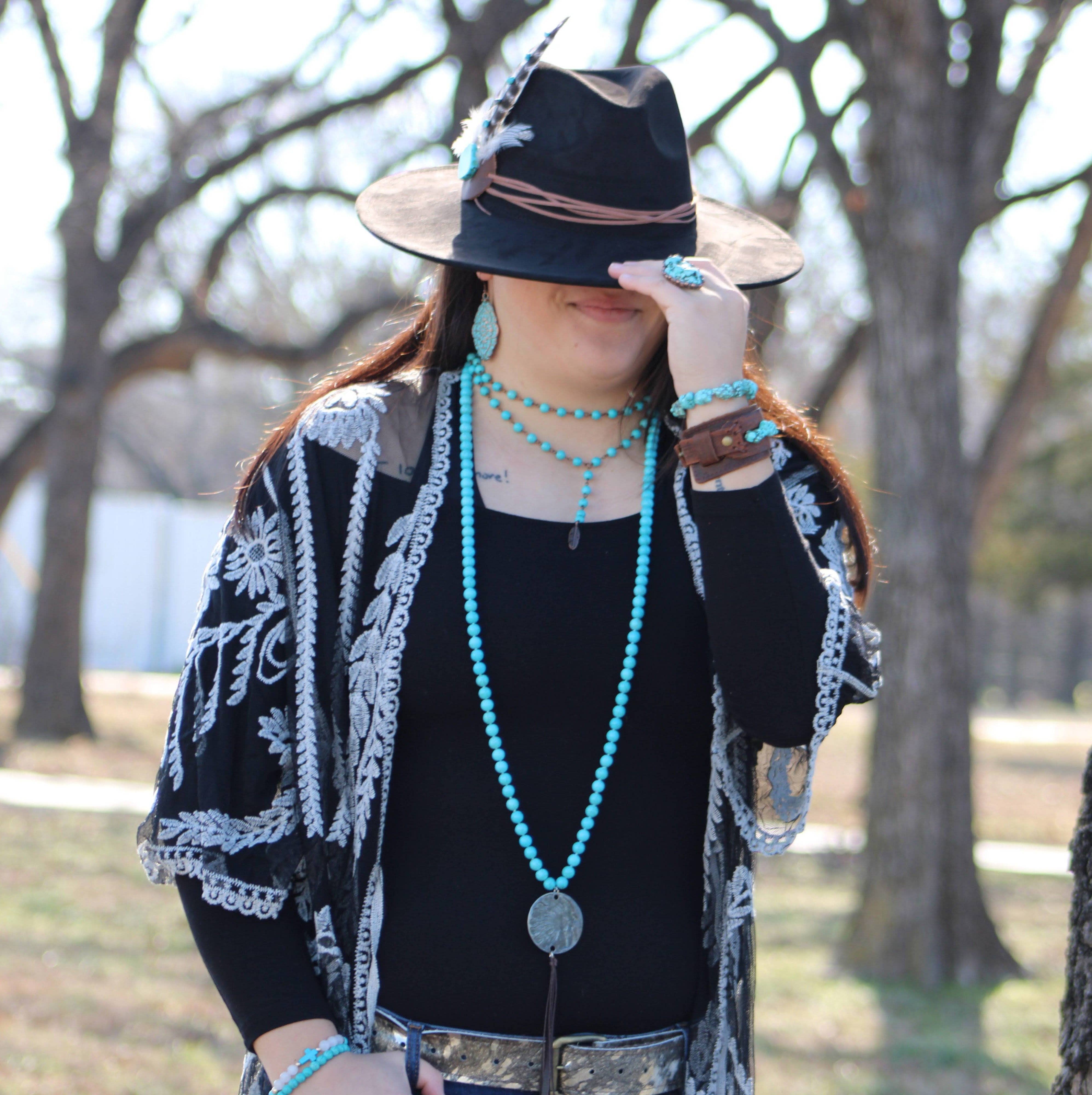 The Jewelry Junkie - Wholesale Y-Neck/Lariat Necklace - Double Strand Lariat Blue Turquoise Necklace w/ Copper Feather 251e2