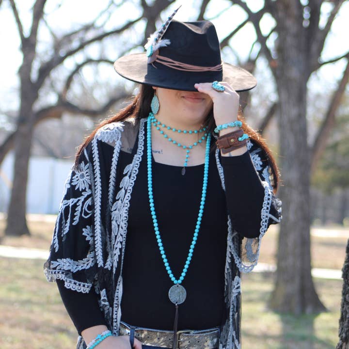 The Jewelry Junkie - Wholesale Y-Neck/Lariat Necklace - Double Strand Lariat Blue Turquoise Necklace w/ Copper Feather 251e2