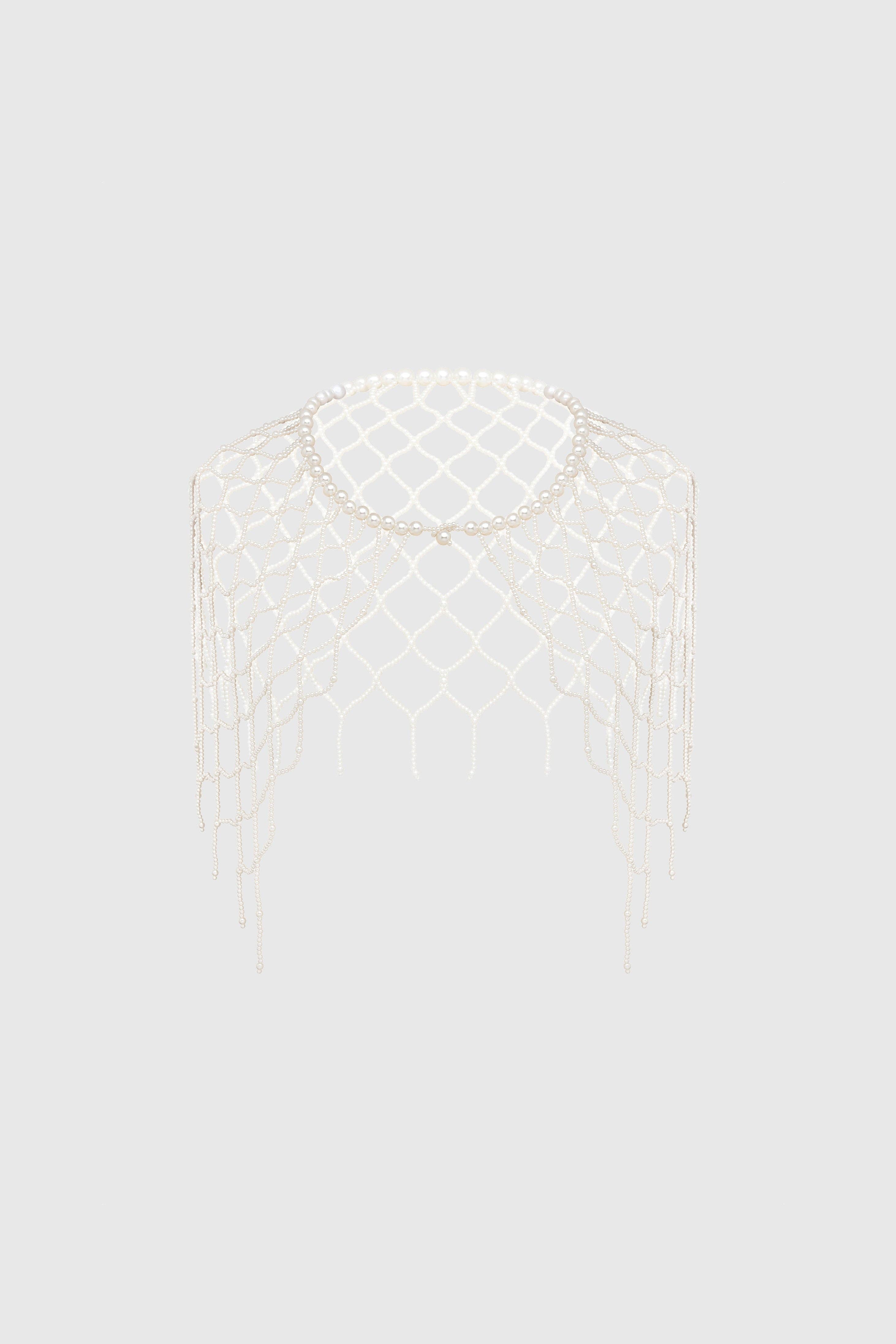 Cream Chic Pearl Tassel Fishnet Shawl for wholesale on Faire0