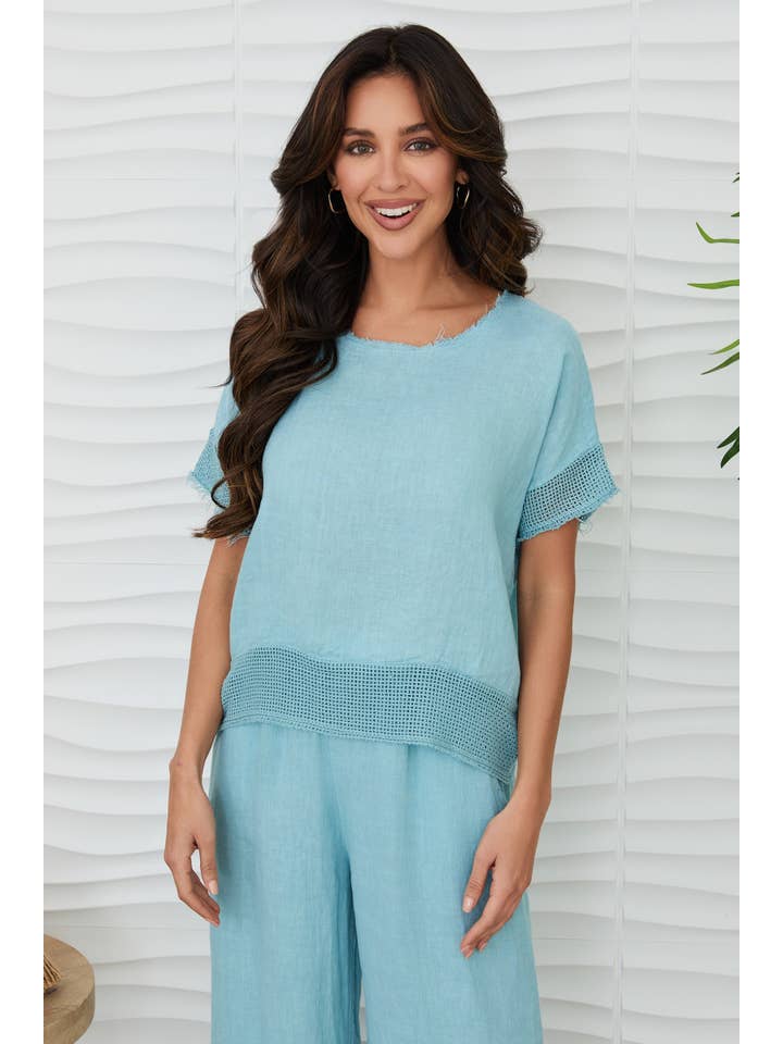 MILIO MILANO - Wholesale Blouse - Women's - MESH SLEEVE/HEM CREW NECK LINEN TOP (13996/155023)4