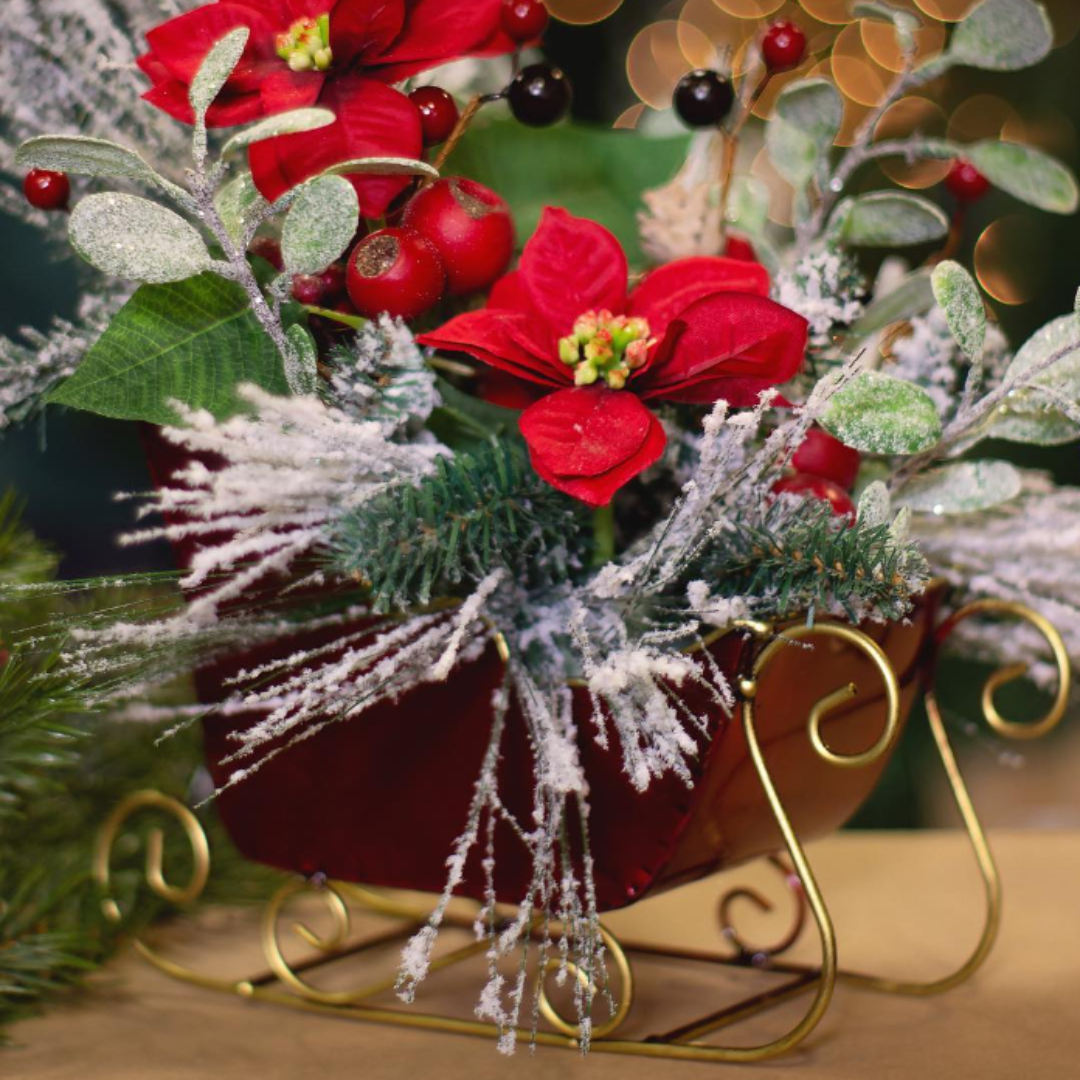 Jacobson - Wholesale Christmas Decoration - Red & Gold Metal Sleigh w/ Hard Liner - 7.9"L 4"W 6"H1