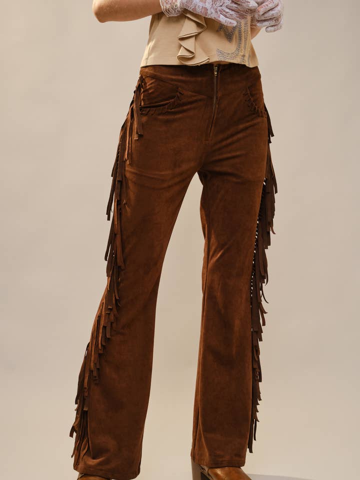 91778P Pantalon évasé en daim avec franges latérales pour la vente par Blue B