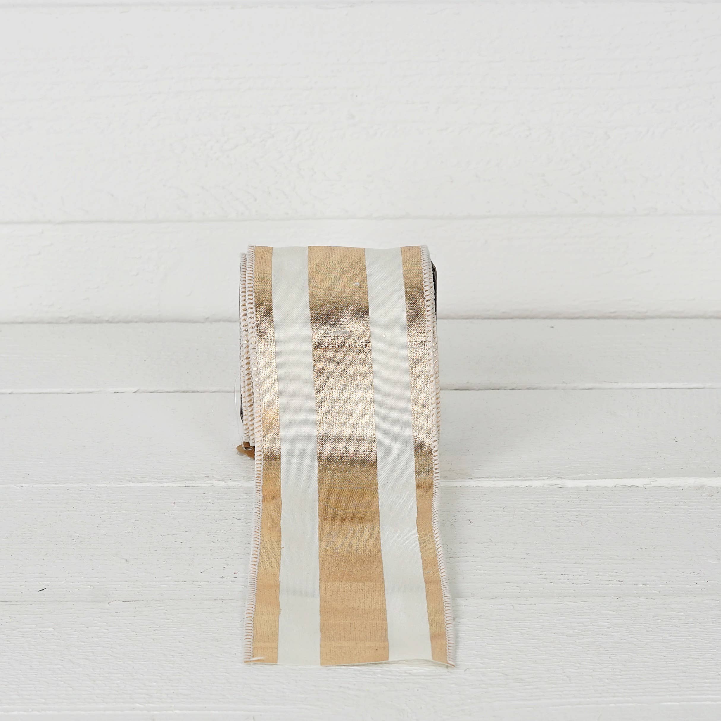 Impressive Enterprises, Inc. - Wholesale Ribbon - Gift Wrapping - R32957-Wired Ribbon-Fabric-Metal Gold, Cream Strips (4inW)6