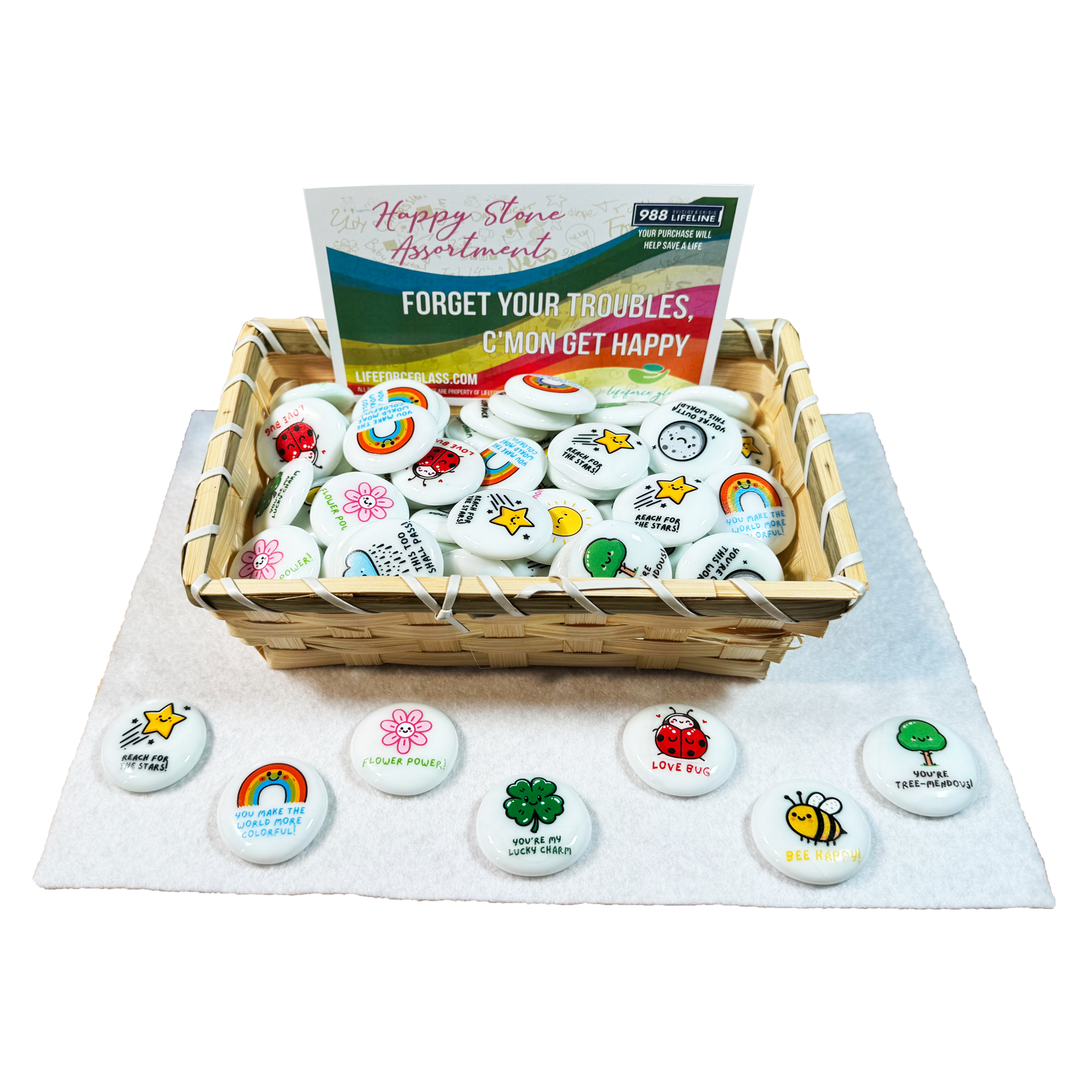 Lifeforce Glass, Inc. - Wholesale Verzamelmunt - Happy Stone-assortiment, 100 bedrukte glazen stenen1