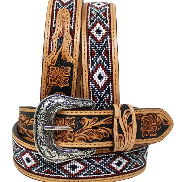 Western Men Women 1-1/2" Wide Basket Tooled Beaded Full-Grain Tan Leather Belt 26RS44 for wholesale by Challenger