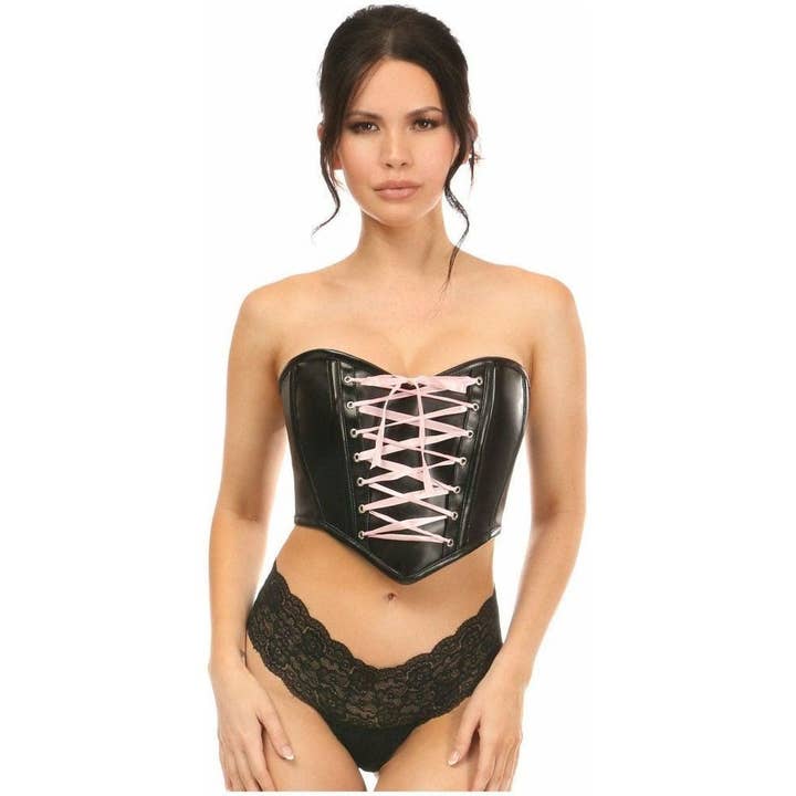 Lavish Black Faux Leather w/Pink Lace-Up Bustier for wholesale by Daisy Corsets