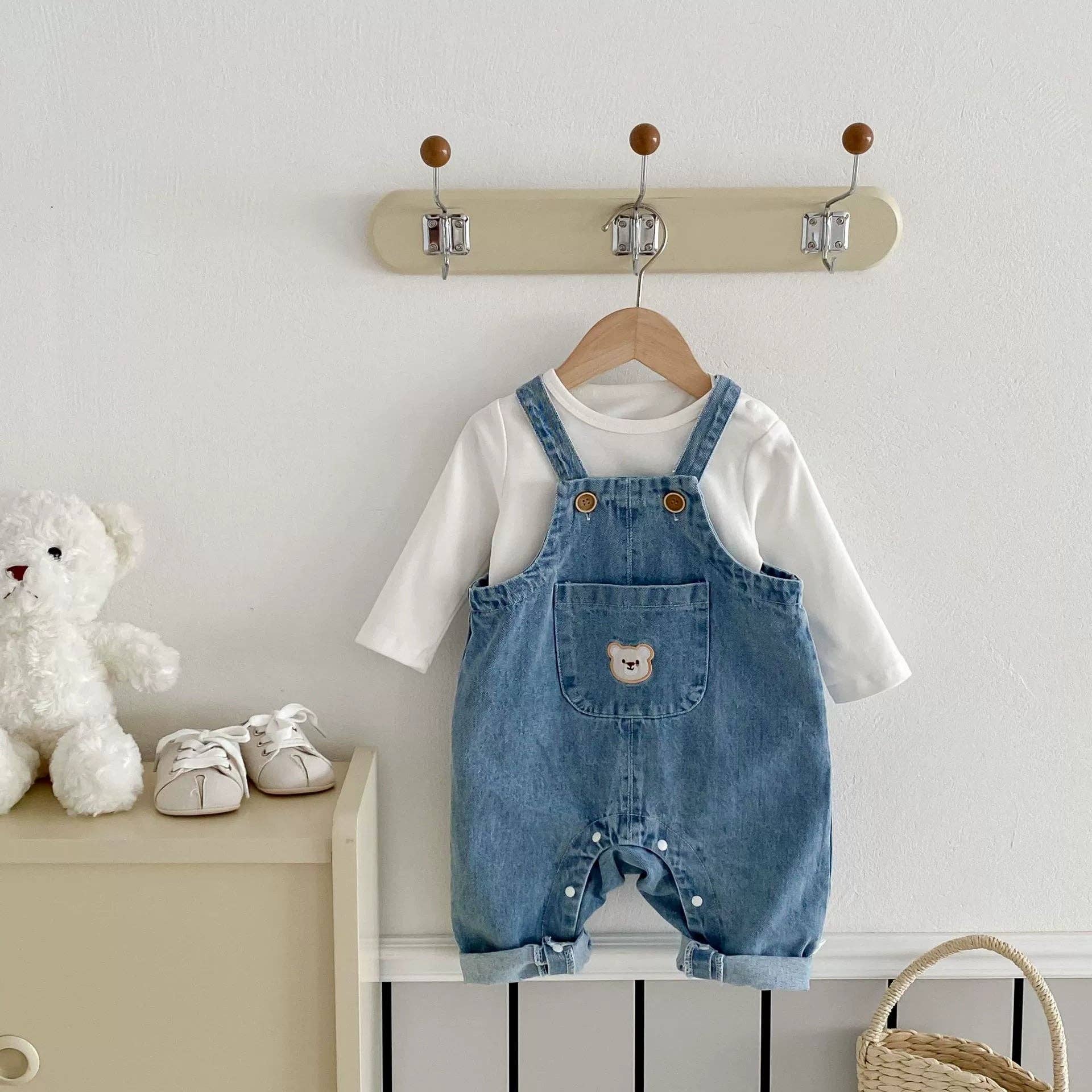 Blue Spring and Autumn Baby Kids Unisex Long Sleeves White Top and Denim Sleeveless Overalls Clothing Set for wholesale on Faire0