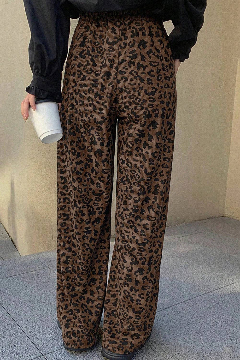 Dark Brown Leopard Print Elastic High Waist Loose Corduroy Pants for wholesale on Faire3