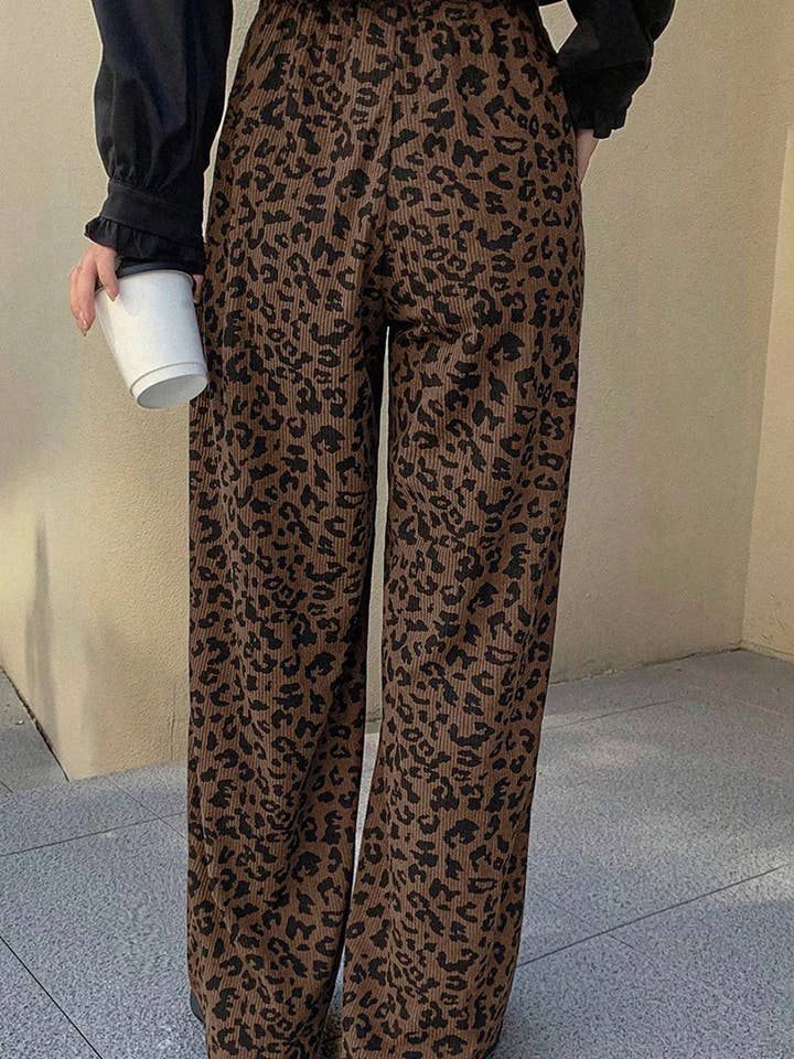 Dark Brown Leopard Print Elastic High Waist Loose Corduroy Pants for wholesale on Faire3