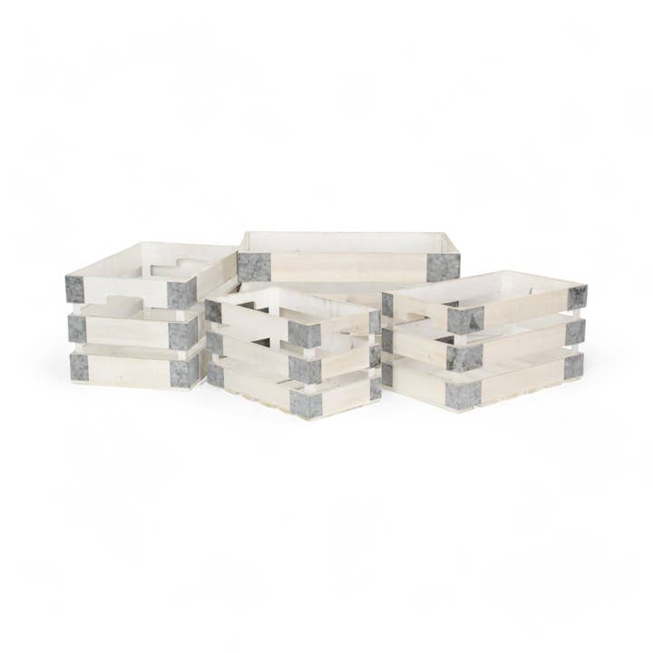 Cheungs Home Decor - Wholesale Storage Bin - Set of 4 Slatted Wood Crates & Galvanized Corner Accent