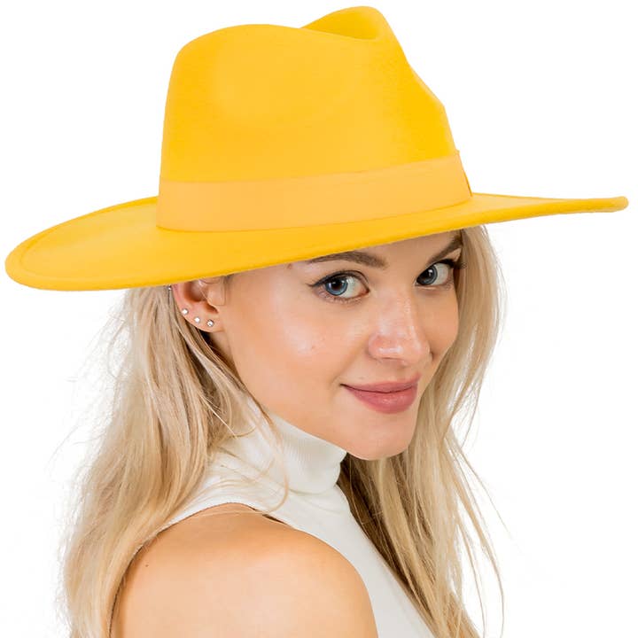 Cap Zone – wholesale Fedora - Unisex – Wide Brim Monochrome Flat Bow Felt Rancher Hat16