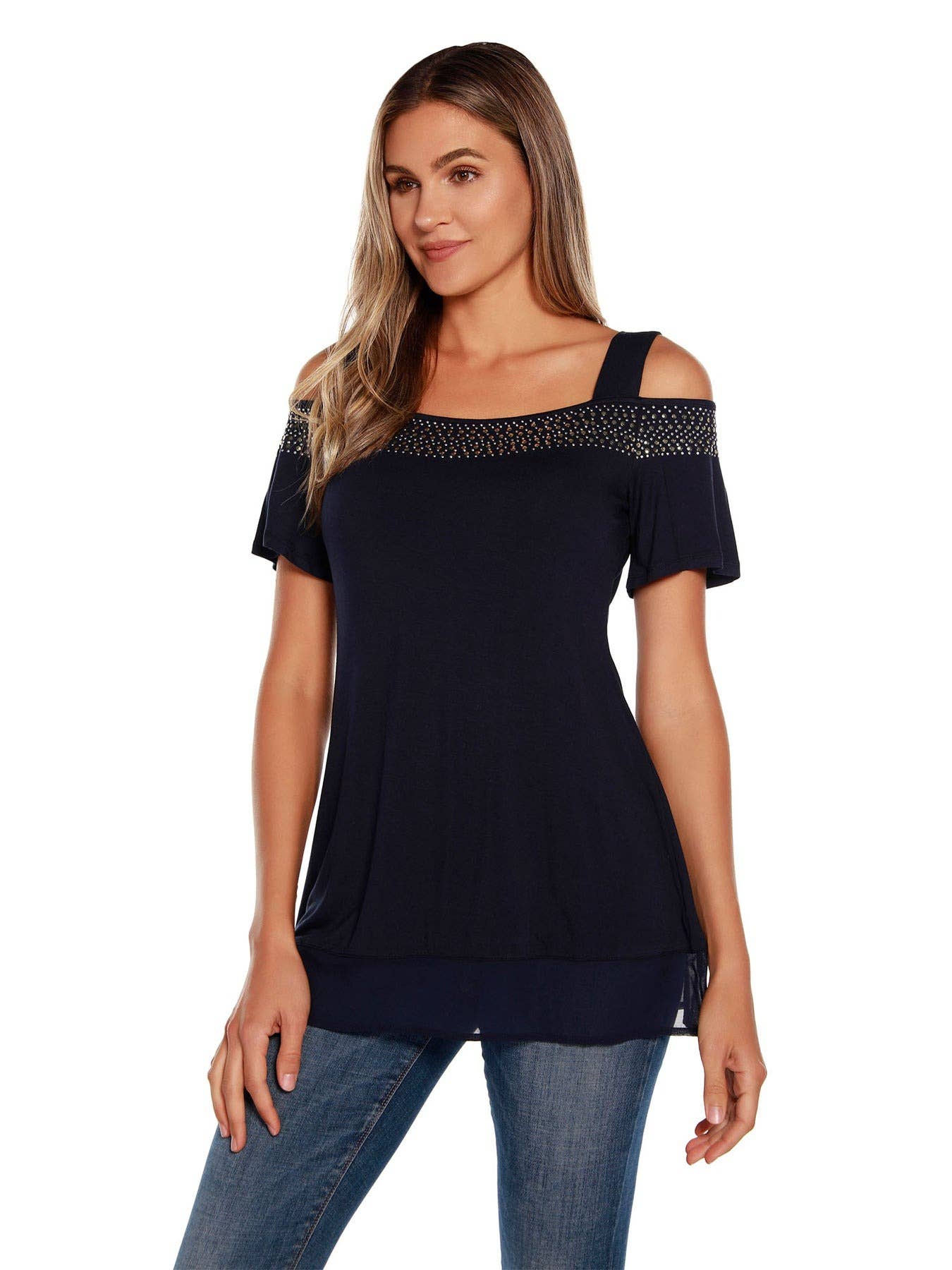 Belldini - Wholesale Blouse - Women's - Women's Cold Shoulder Tunic with Studs and Sequins19