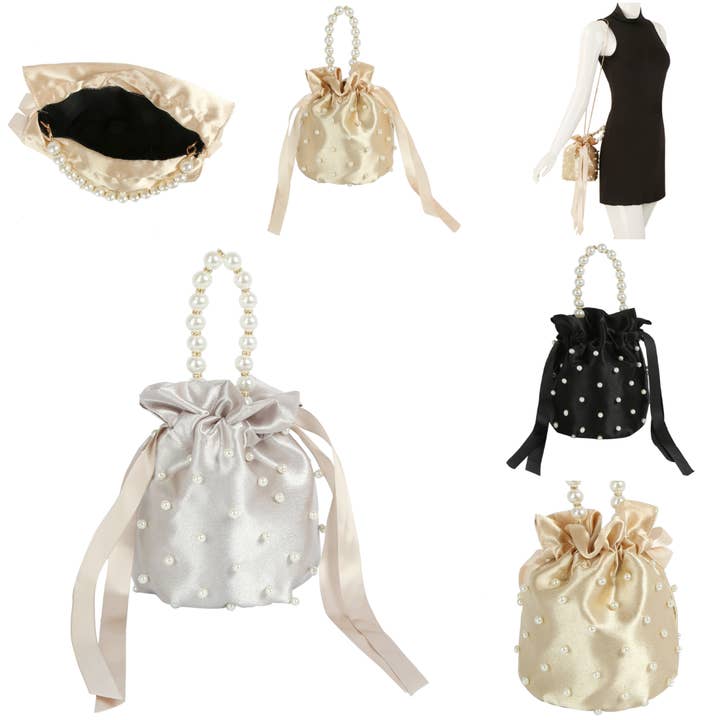 Oblige by G - Wholesale Clutch Bag - Women's - Pearl Satin Drawstring Pouch Bag GMS-00791