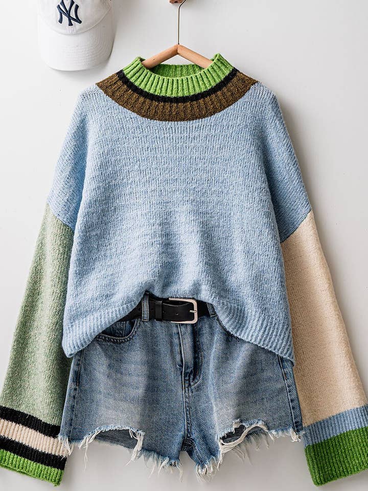 BLUE SAGE Colorblock Cropped Knit Sweater – Relaxed Boxy Fit for wholesale on Faire0