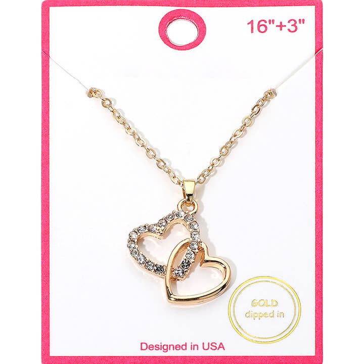 Gold Dipped Rhinestone Paved Layered Double Heart Pendant Necklace for wholesale by Sensibling Corp.