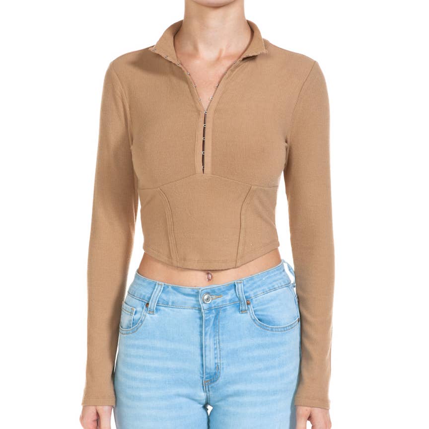 FREEZIA - Wholesale Knit Top - Women's - RIBBED LONG SLEEVE TOP WITH HOOK AND EYE-F757391