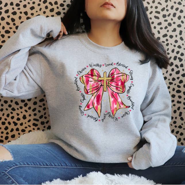 Valentine's Day Worthy Loved Blessed Cross Bow Sweatshirt - Adult for wholesale by Allison Kay Designs Co.
