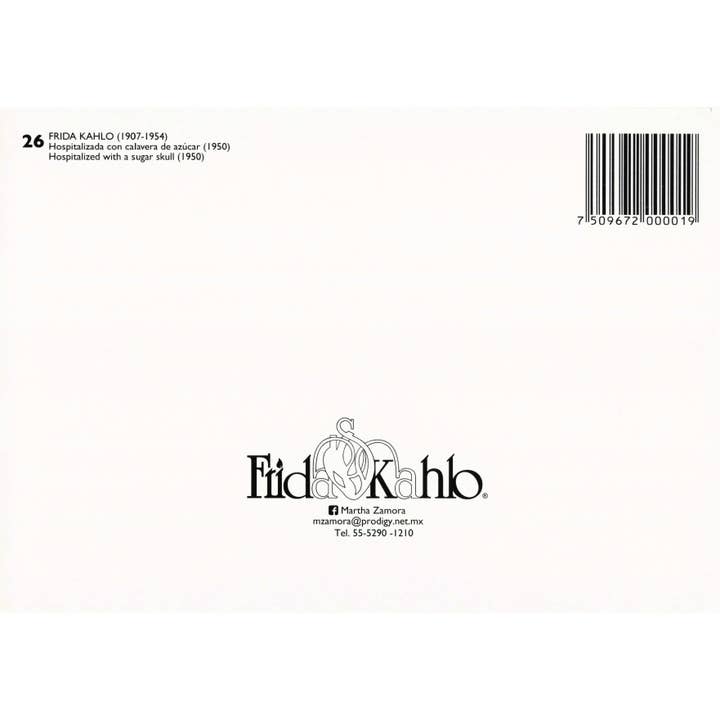 Tesoros Trading Company - Venta al por mayor Tarjeta postal - Serie de postales de Frida Kahlo - Hospitalizada con una calavera de azúcar1