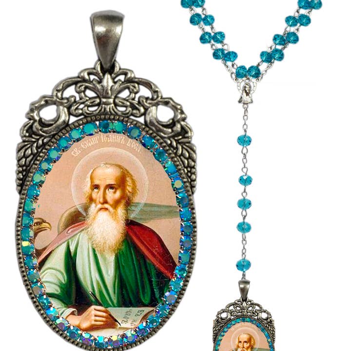 MariaSantissimaShop - Vente Collier de prière en perles - Rosaire Jean l'Apôtre - Saint Patron de l'Amour ; Loyauté ; Amitiés ; Auteurs ; Libraires ; Victimes de brûlures ; Victimes du poison-emin ; Marchands d'art