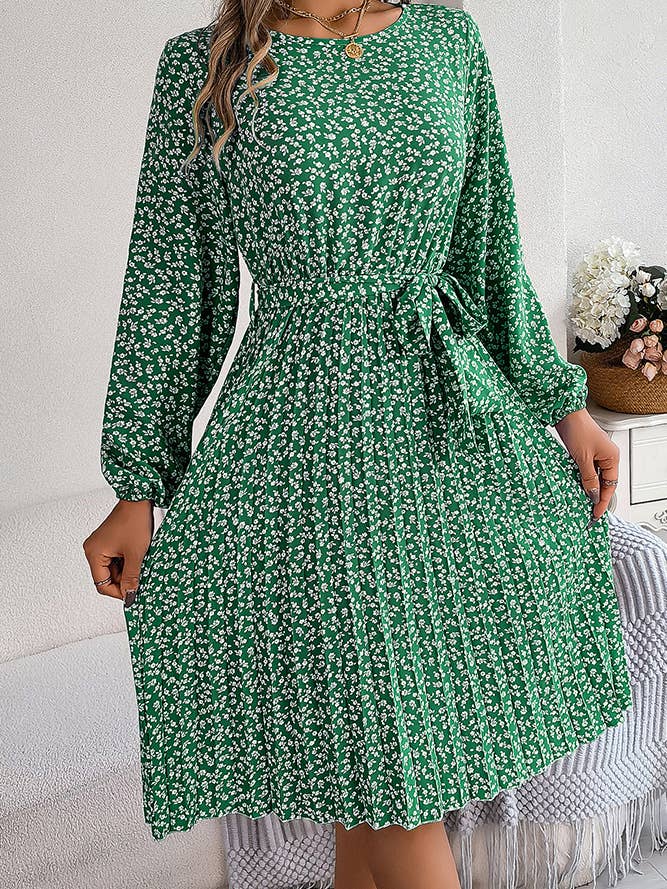 Crew Neck Lantern Sleeves Pleated Floral Dress BJS129 for wholesale by UNISHE