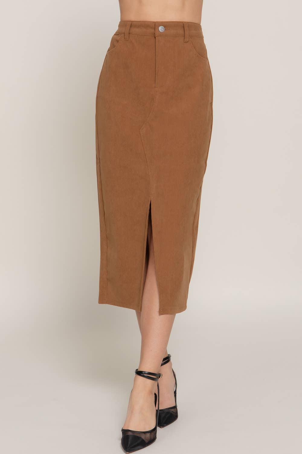Active Basic | Active USA - Wholesale Skirt - Women's - Waist Band Front Open Slit Corduroy Midi Skirt4