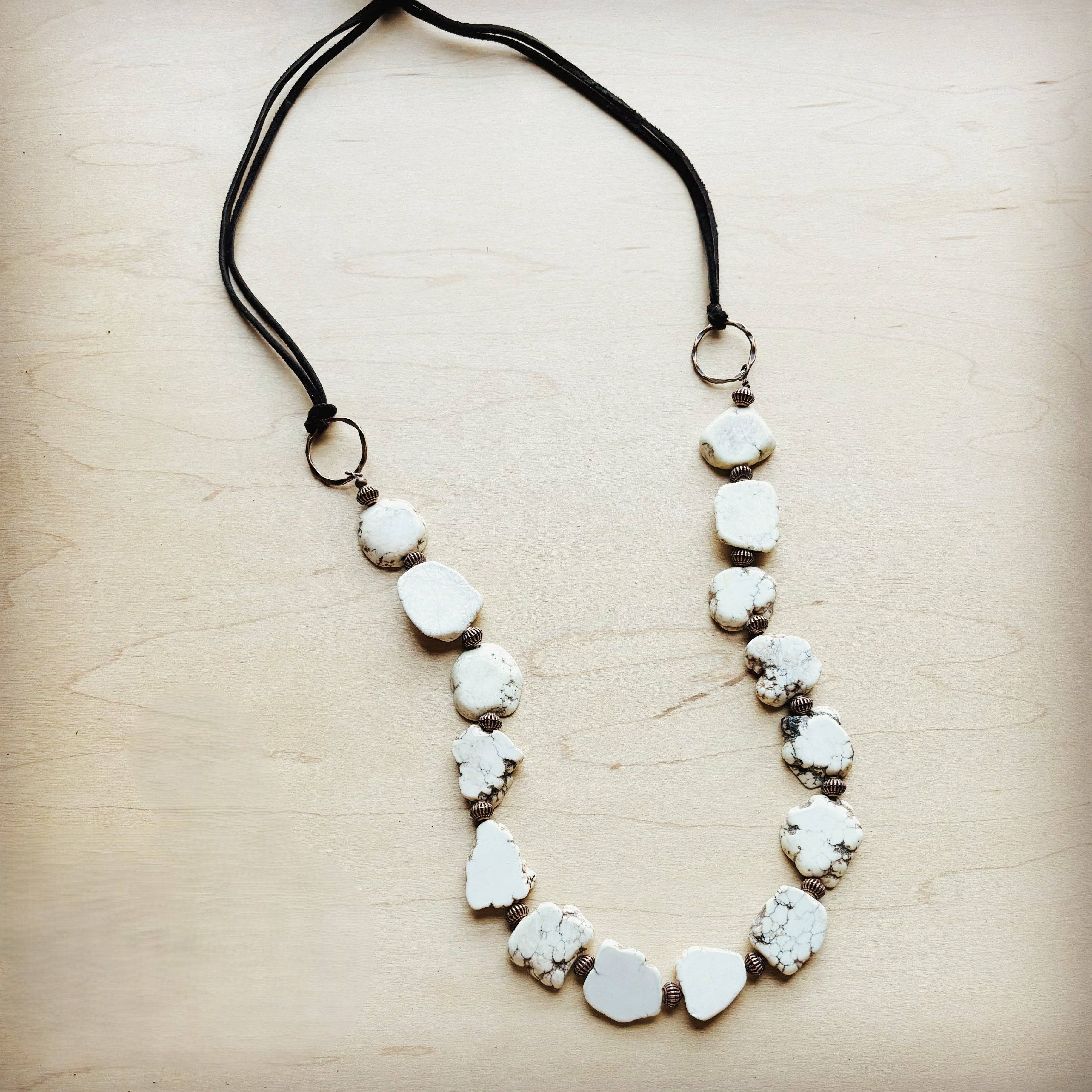 The Jewelry Junkie - Wholesale Beaded/Pearl Necklace - White Turquoise Slab Necklace with Leather Closure 228O6