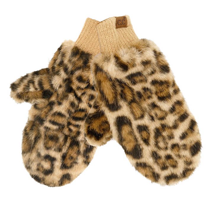 Funky Junque - Wholesale Mittens - Women's - Faux Fur Convertible Mitten - Leopard Print - Beige