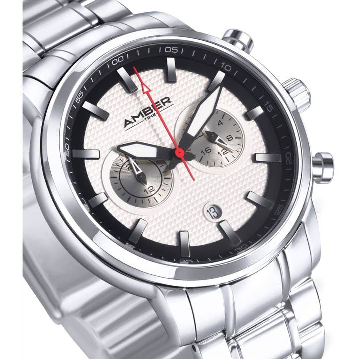 Amber Time – Relógio de pulso - Homem por atacado – Amber Time relógio cronógrafo de quartzo masculino pulseira de aço inoxidável 50m ATL160810-02WH