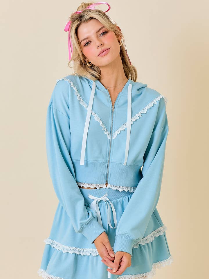 FSE2780-STK FRENCH TERRY HOODIE ZIP-UP WITH LACE TRIM DETAIL for wholesale by Fascination by Intrend