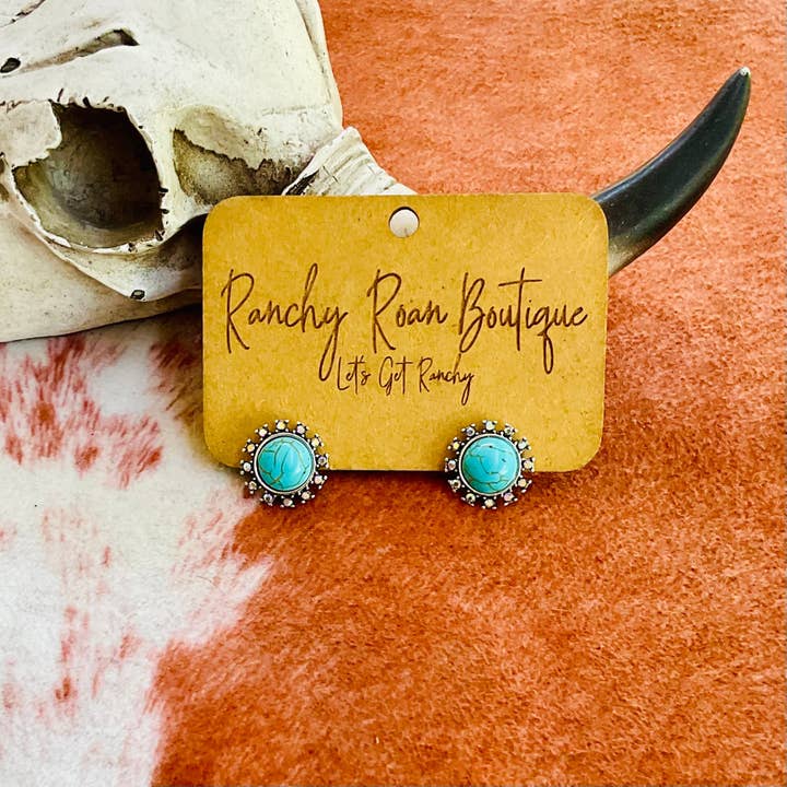 Ranchy Roan Boutique - Wholesale Stud/Post Earrings - Turquoise Western Stud Earrings – Silver Floral Accent Cowgirl Jewelry