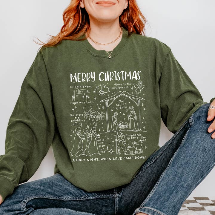 Scripted Pearl - Wholesale Screen Printed T-Shirt - Women's - When Love Came Down Long Sleeve Comfort Colors Christmas Tee11