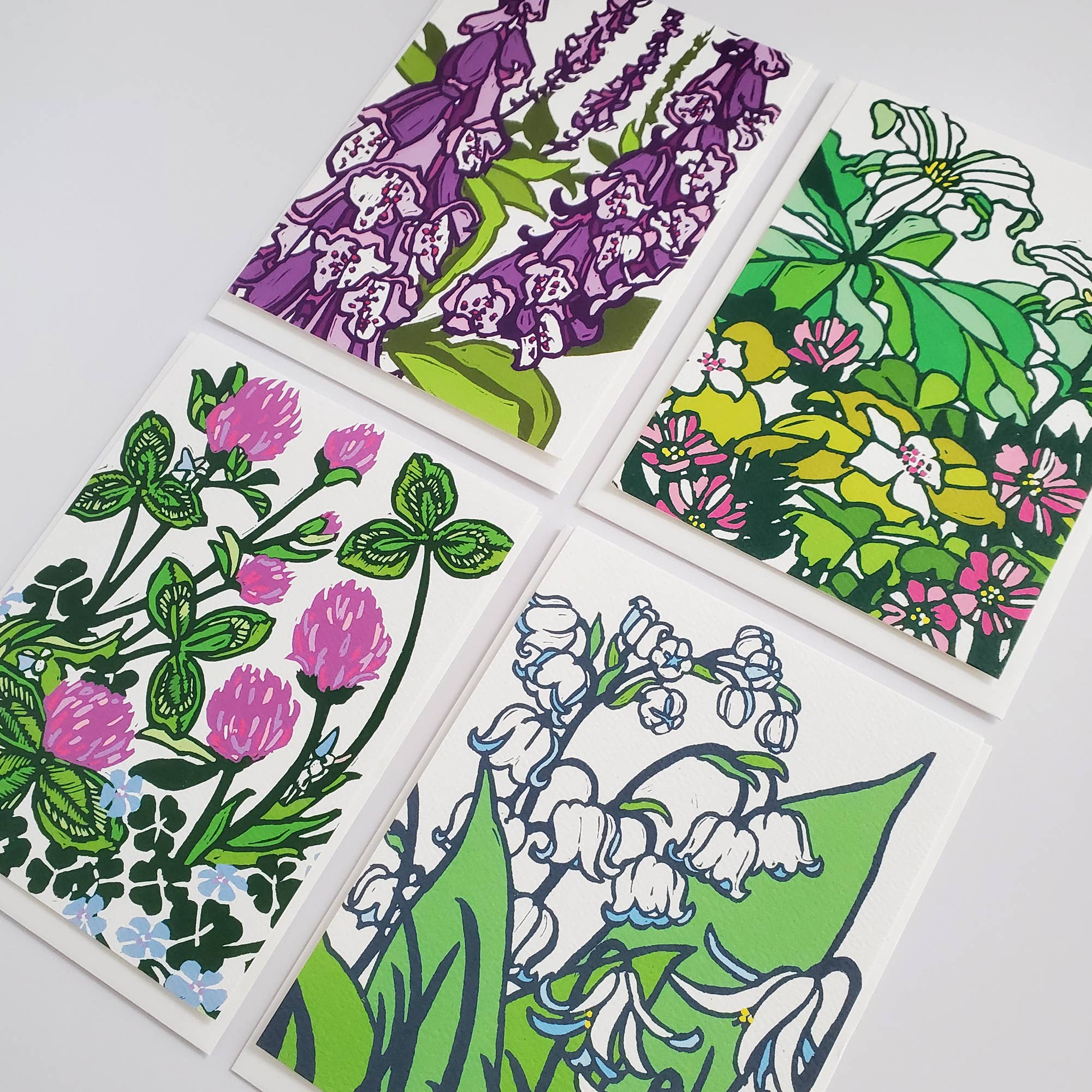 Little Green - Wholesale Stationery/Notecard Set - Assorted Spring Woodland Flower Blank Note Card Set of 8, Block Print Art Greeting Cards4