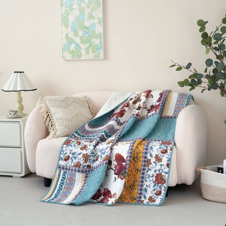 Tache Home Fashion - Wholesale Throw Blanket - Tache Cotton Patchwork Old World Garden Pastel Blue Yellow Red Hummingbirds Quilted Throw Blanket (JHW-936)2