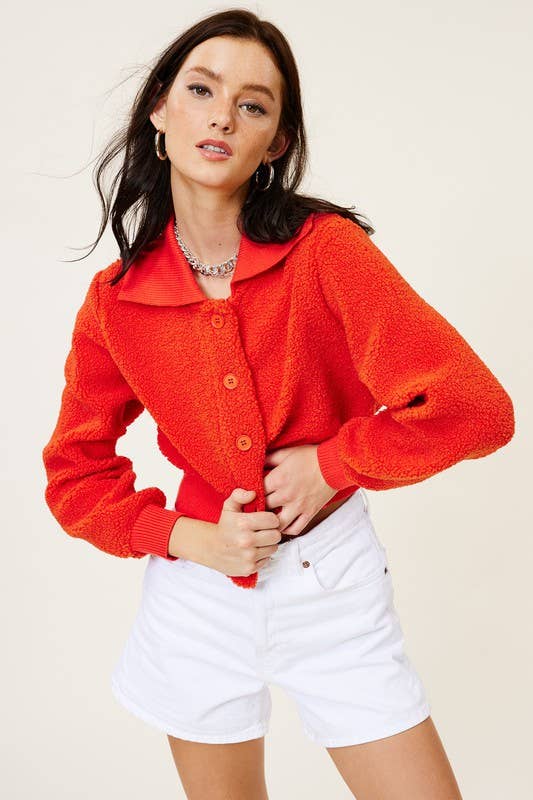 Mimosa - Wholesale Jacket - Women's - Cropped Teddy Jacket with Contrast Ribbed Collar3