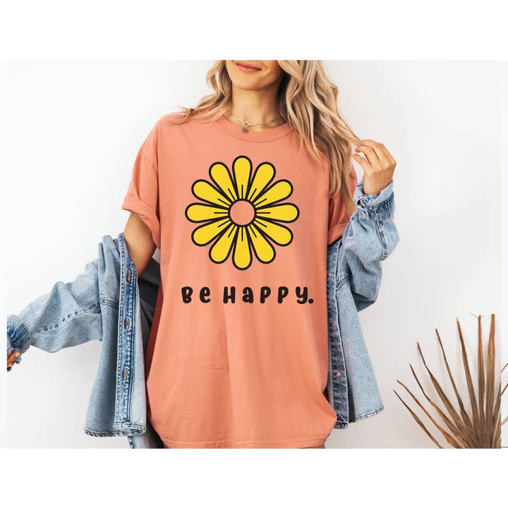 Be Happy Sunflower Graphic Cosy Comfort Colors grafisk T-shirt for engroshandel hos Myshirts.store