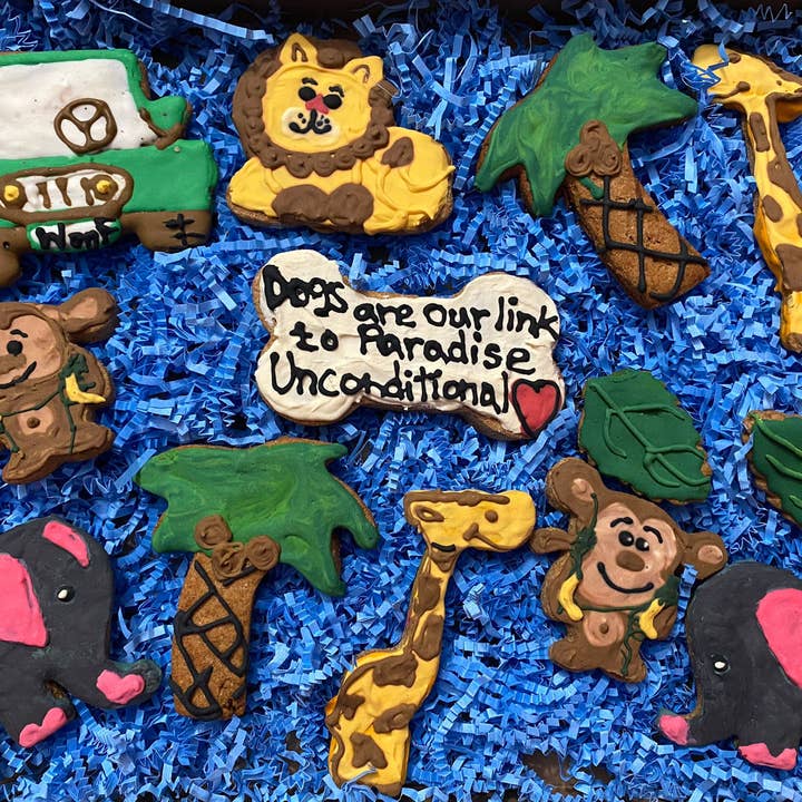 Safari Organic Dog Cookie Box for wholesale by PAWsitively Organic Dog Bakery