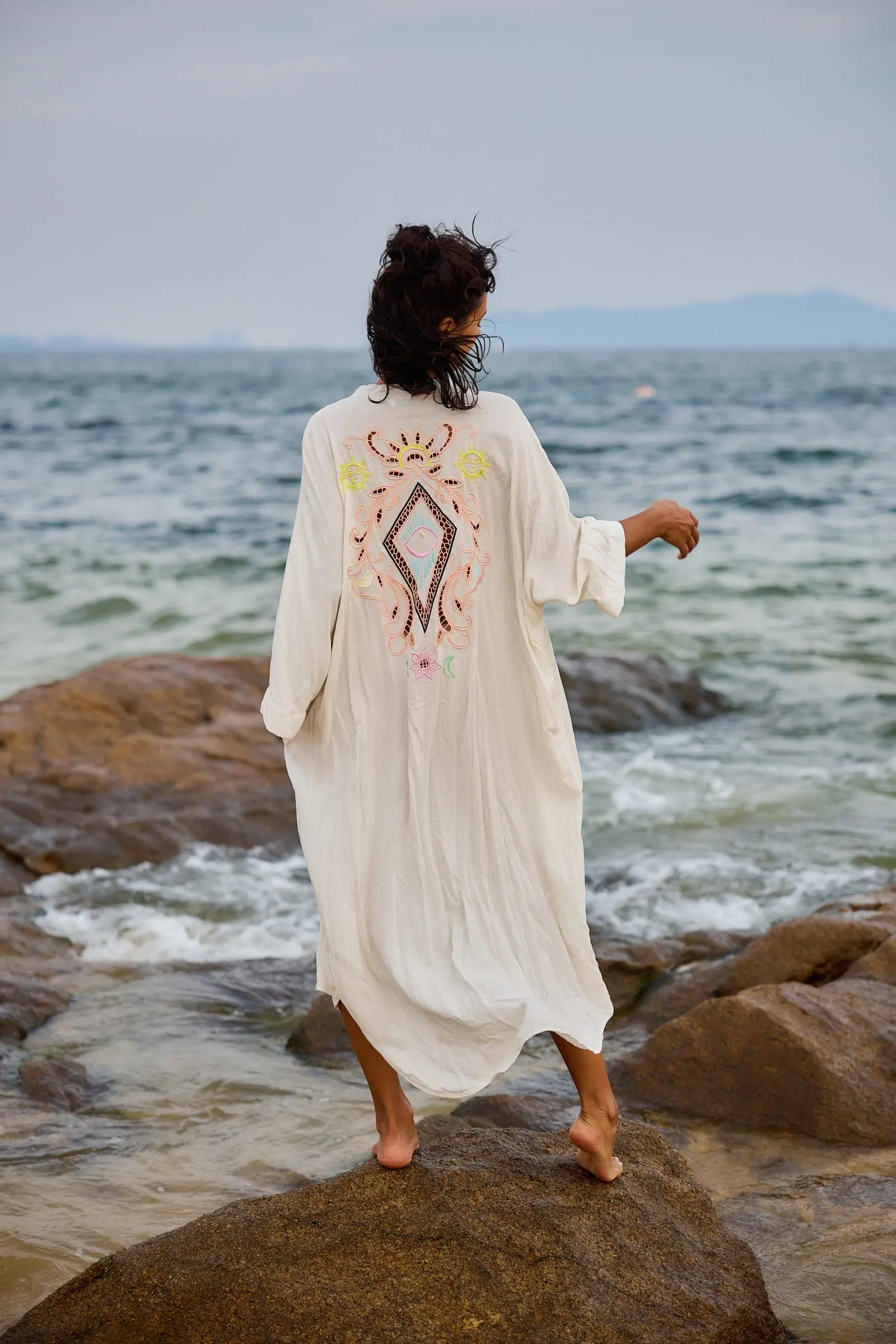 White Long shirt-style dress with openwork embroidery on the back, for wholesale on Faire1