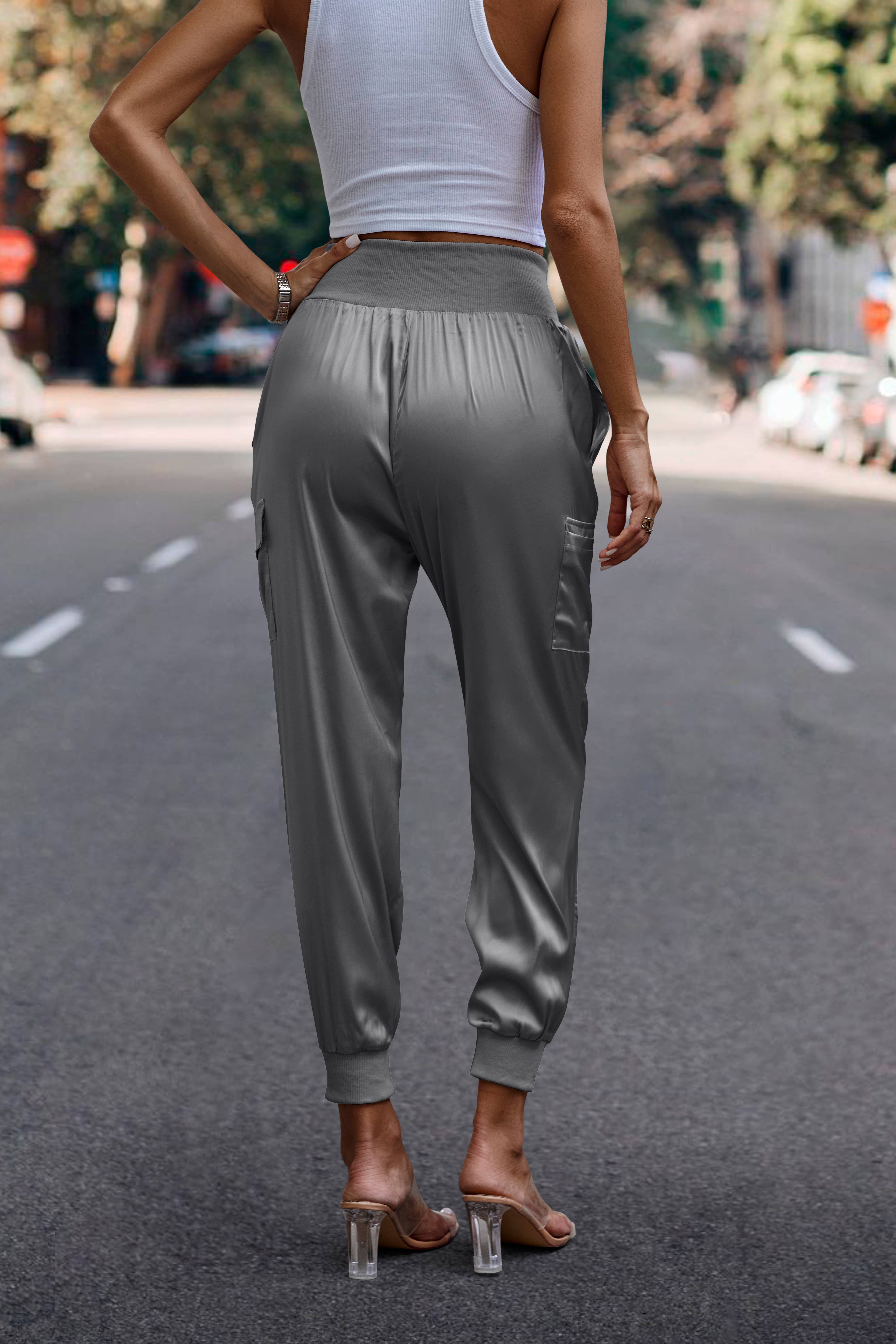 eLook - Wholesale Lounge Sweatpants/Joggers - Women's - SZ1-P0012 Satin Cargo Jogger with Ribbed Waist30