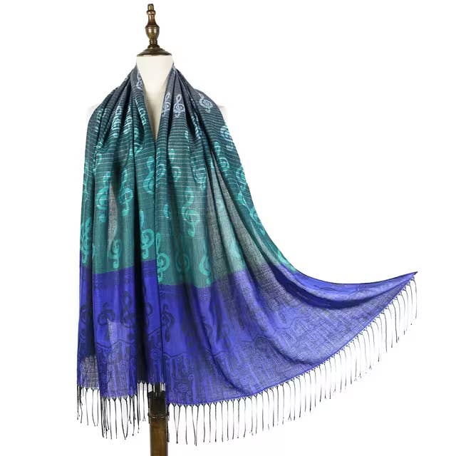 Sea of Blues Pashmina Scarf with Treble Clefs for wholesale by The Music Gifts Company